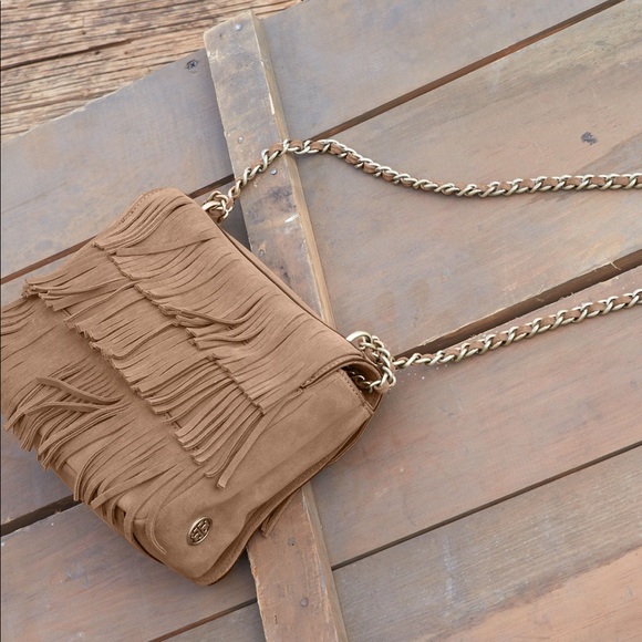 Tory Burch Handbags - Tory Burch Taupe Suede Fringe Bag Brushed Gold Hardware